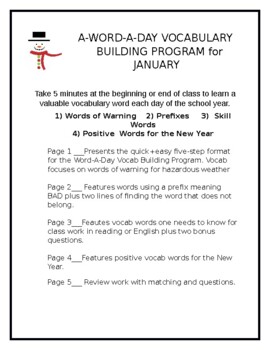 Preview of A-WORD-A-DAY VOCABULARY BUILDING PROGRAM FOR JANUARY