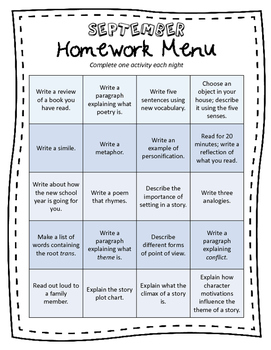 Homework Chart For Middle School