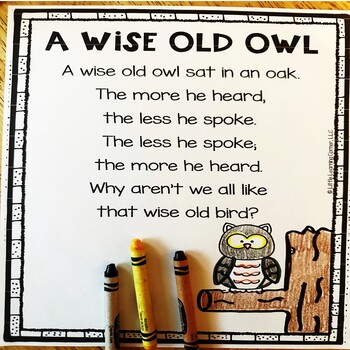 Preview of A Wise Old Owl Nursery Rhyme Poetry Notebook Black and White