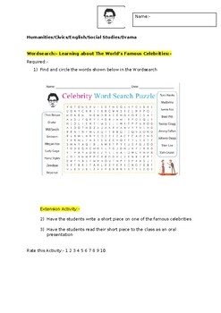 Preview of A Word Search on famous world celebrities and an associated extension task