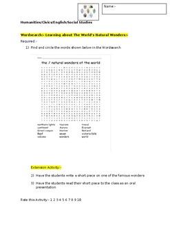 Preview of A Wordsearch activity on Wonders of the World and an associated extension task