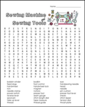 A Wordsearch for Review Sewing Machine Parts and Sewing Tools by