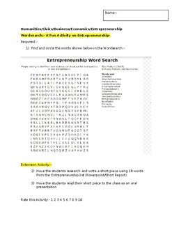 Preview of A Wordsearch on Business Entrepreneurship and an associated extension task