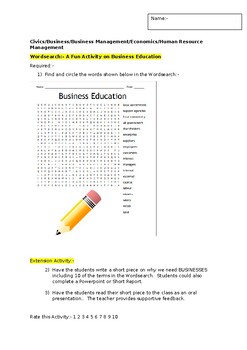 Preview of A Wordsearch on "Business Terminology" and an associated extension activity