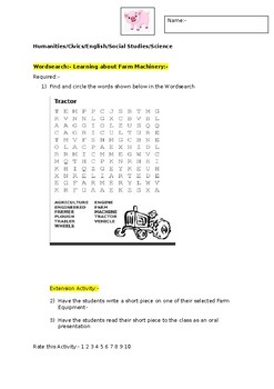 Preview of A Wordsearch on Common Farm Equipment and an associated extension task