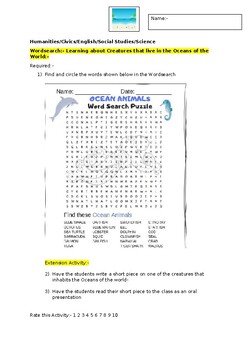 Preview of A Wordsearch on Creatures of the Ocean and a supportive extension activity