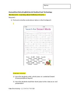 Preview of A Wordsearch on Dessert options and an extension activity