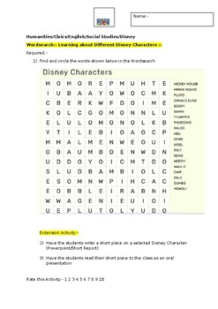 Preview of A Wordsearch on Disney Characters and an associated extension activity