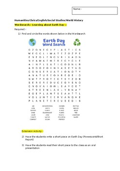 Preview of A Wordsearch on Earth Day including an extension activity