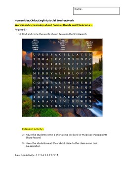 Preview of A Wordsearch on Famous Bands and Musicians including an extension activity