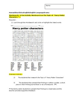 Preview of A Wordsearch on "Harry Potter Characters" and an associated extension activity