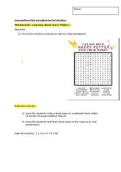 Preview of A Wordsearch on Harry Potter and an associated extension activity