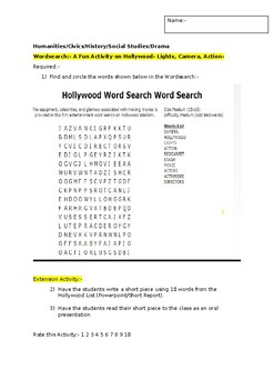 Preview of A Wordsearch on Hollywood- Lights, Camera and Action and an extension task