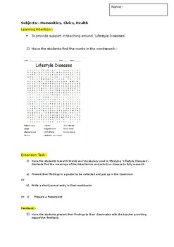 Preview of A Wordsearch on Lifestyle Diseases and an associated extension task