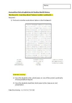 Preview of A Wordsearch on London Landmarks and a linked extension activity