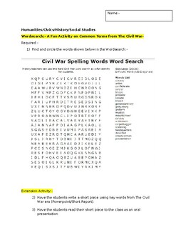 Preview of A Wordsearch on The Civil War and an associated Extension Activity