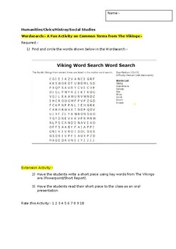 Preview of A Wordsearch on The Vikings and an associated extension activity