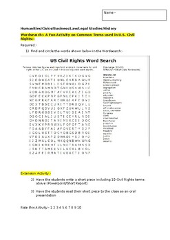 Preview of A Wordsearch on U.S. Civil Rights including an associated extension activity