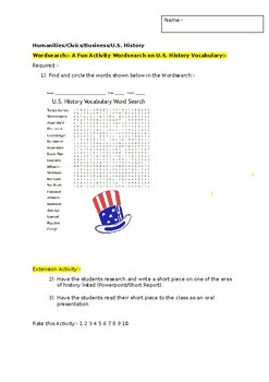 Preview of A Wordsearch on Vocabulary used in U.S. History and an extension activity