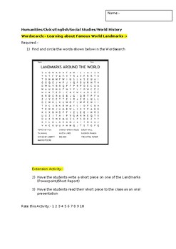 Preview of A Wordsearch on World Landmarks including an extension activity