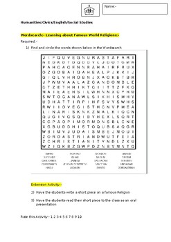 Preview of A Wordsearch on World Religions and an associated extension activity