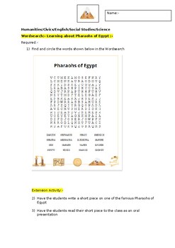Preview of A Wordsearch on the Pharaohs of Egypt and an extension activity
