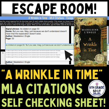 Preview of A Wrinkle in Time MLA Citation | ESCAPE ROOM Self Checking Worksheet