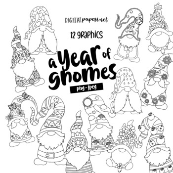 Preview of A Year of Gnomes Outlines - Monthly Clipart