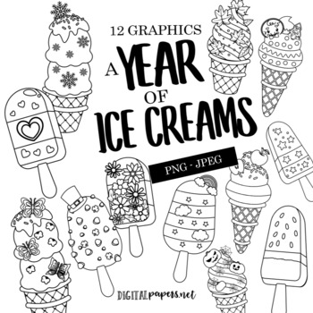 Preview of A Year of Ice Cream Outlines- Monthly Clipart