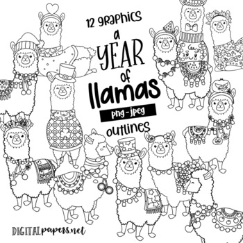 Preview of A Year of Llamas - Outlines Monthly Clipart