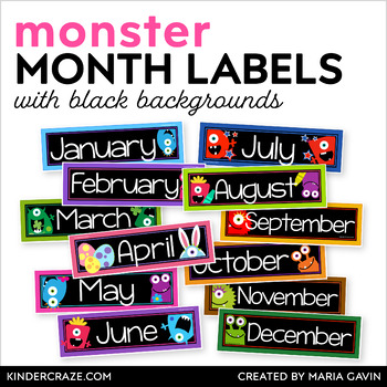 Preview of Monster Theme Months of the Year Calendar Labels - Pocket Chart Labels BLACK