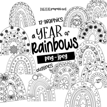 Preview of A Year of Rainbows - Outlines Monthly Clipart