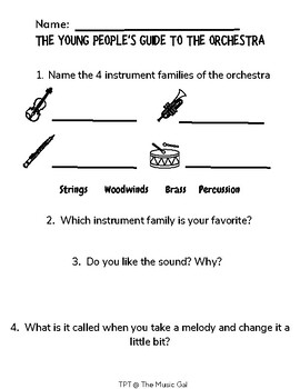 Preview of A Young Person's Guide to the Orchestra Worksheet