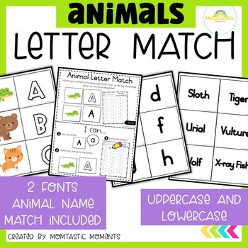 Preview of Letter Matching Uppercase and Lowercase Worksheets and Centres, A-Z Animals