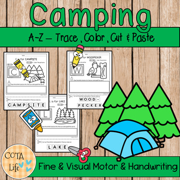 Preview of A-Z Camping Alphabet Activity Pages - Trace, Color, Cut, & Paste