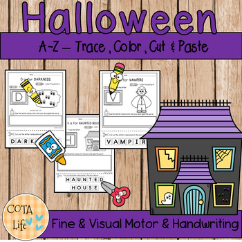 Preview of A-Z Halloween Alphabet Activity Pages - Cut, Color, & Paste