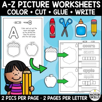 Preview of A-Z Picture Worksheets - Color Cut Glue Write - Fine Motor - 52 page packet
