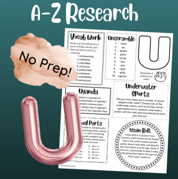 Preview of A-Z Multi Skill Worksheet (U)| For All Subjects | 4th Grade up | Research Skills
