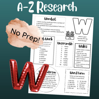 Preview of A-Z Multi Skill Worksheet (W)| For All Subjects | 4th Grade up | Research Skills