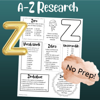 Preview of A-Z Multi Skill Worksheet (Z)| For All Subjects | 4th Grade up | Research Skills