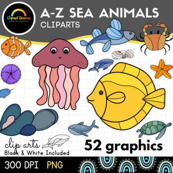 A-Z Sea Animals Clipart Set, PNG Graphics, Bold & Crisp w/ Black and White