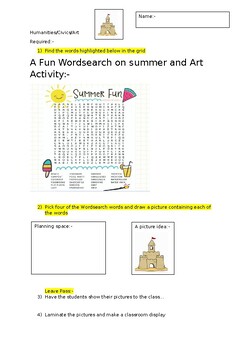 Preview of A fun Summer wordsearch and complimentary Art Activity