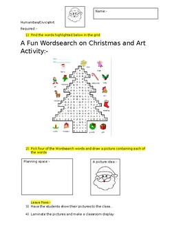 Preview of A fun Christmas wordsearch and complimentary Art Activity