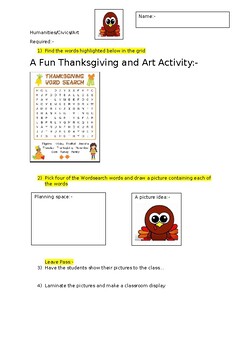 Preview of A fun Thanks Giving wordsearch and complimentary Art Activity