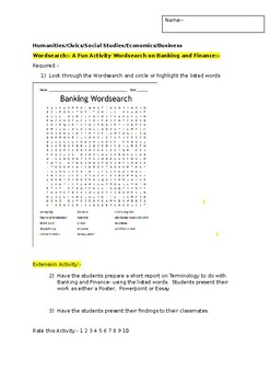 Preview of A fun Wordsearch on Banking and Finance and an associated extension task