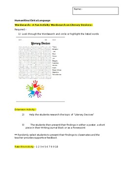 Preview of A fun Wordsearch on Literary Devices and an associated extension task
