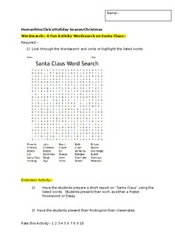 Preview of A fun Wordsearch on Santa Claus and an associated extension activity