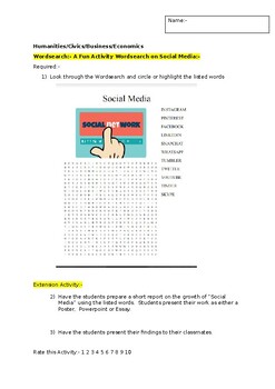 Preview of A fun Wordsearch on Social Media and an associated extension activity