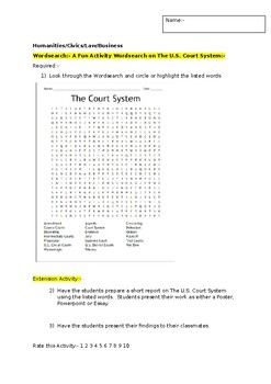 Preview of A fun Wordsearch on The U.S. Court system and an associated extension task