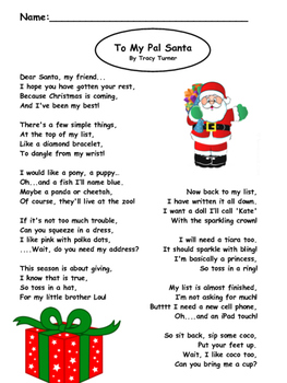 A fun, silly poem about a girls Christmas list. Poem, sort and writing ...